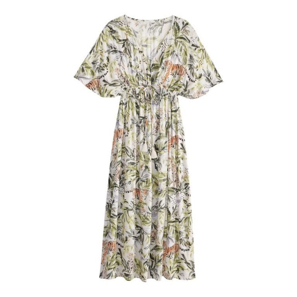 World Market Ivory Green Jungle Tiger Mira Kaftan Dress L/XL SKU 101453